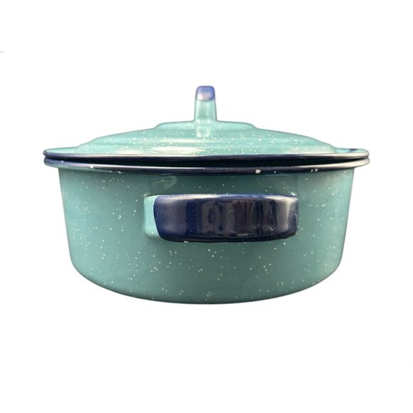 Round Shallow Saute Pot & Lid 10" Teal Cobalt Graniteware Enamelware Splatter - Picture 3 of 11
